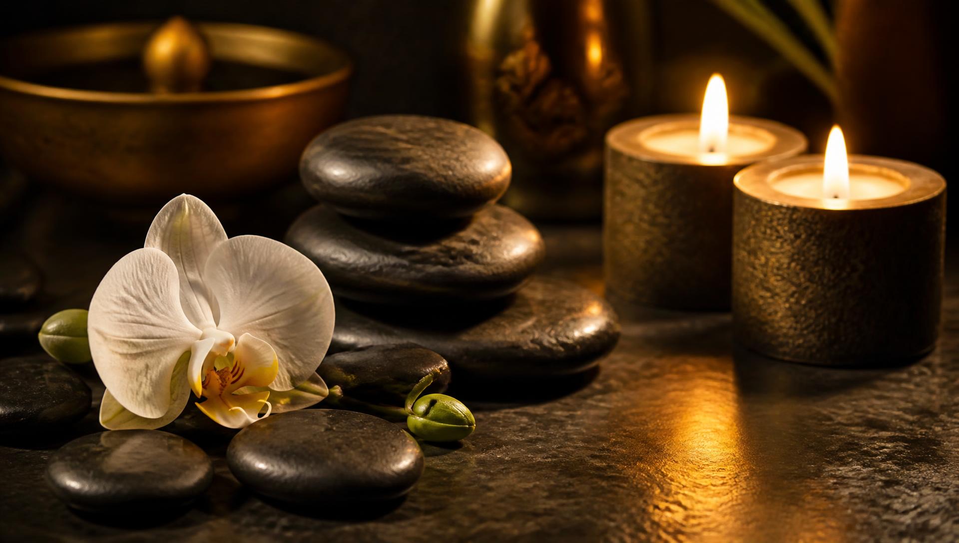 Warm candles, hot stones and a white orchid in a tranquil spa setting