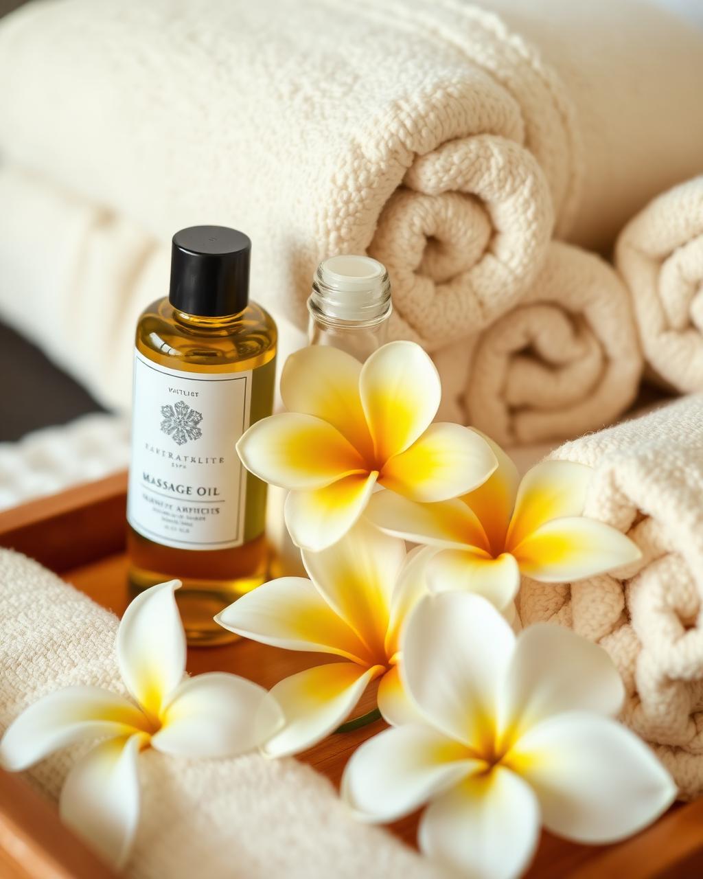 Massage oil and frangipani flowers on a wooden tray with towels