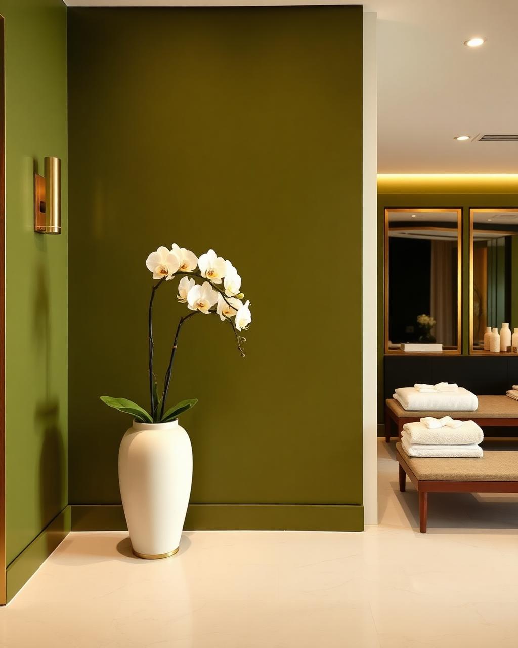 Olive-green spa reception with white orchids and folded towels